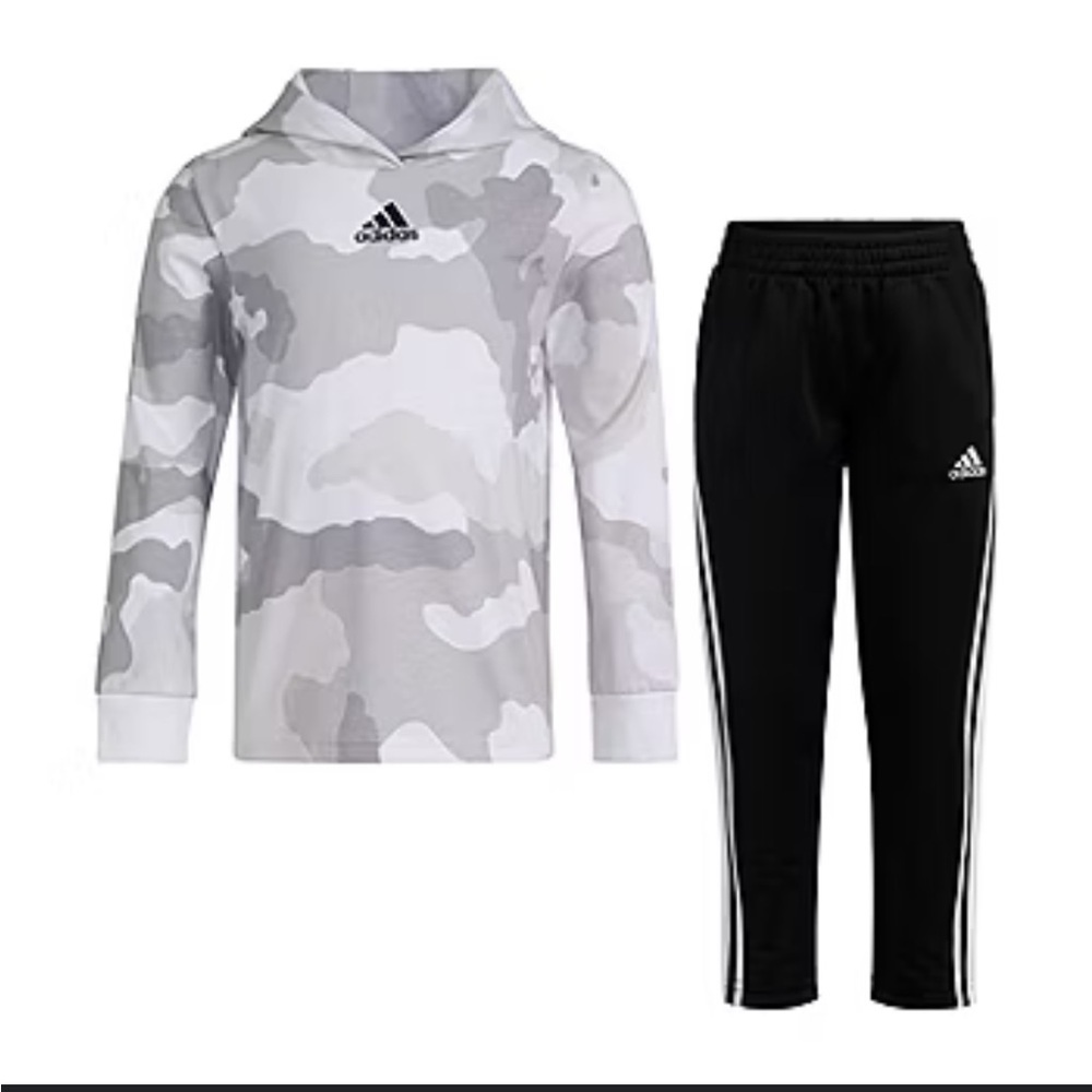 Adidas White and Gray Camo Long Sleeve shirt with Black Pants